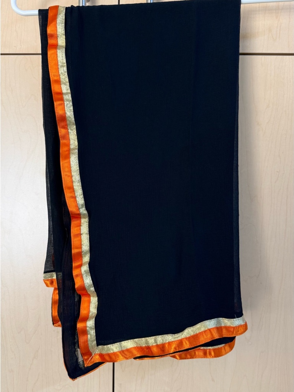 Black Chiffon Scarf with Orange and Gold Trim